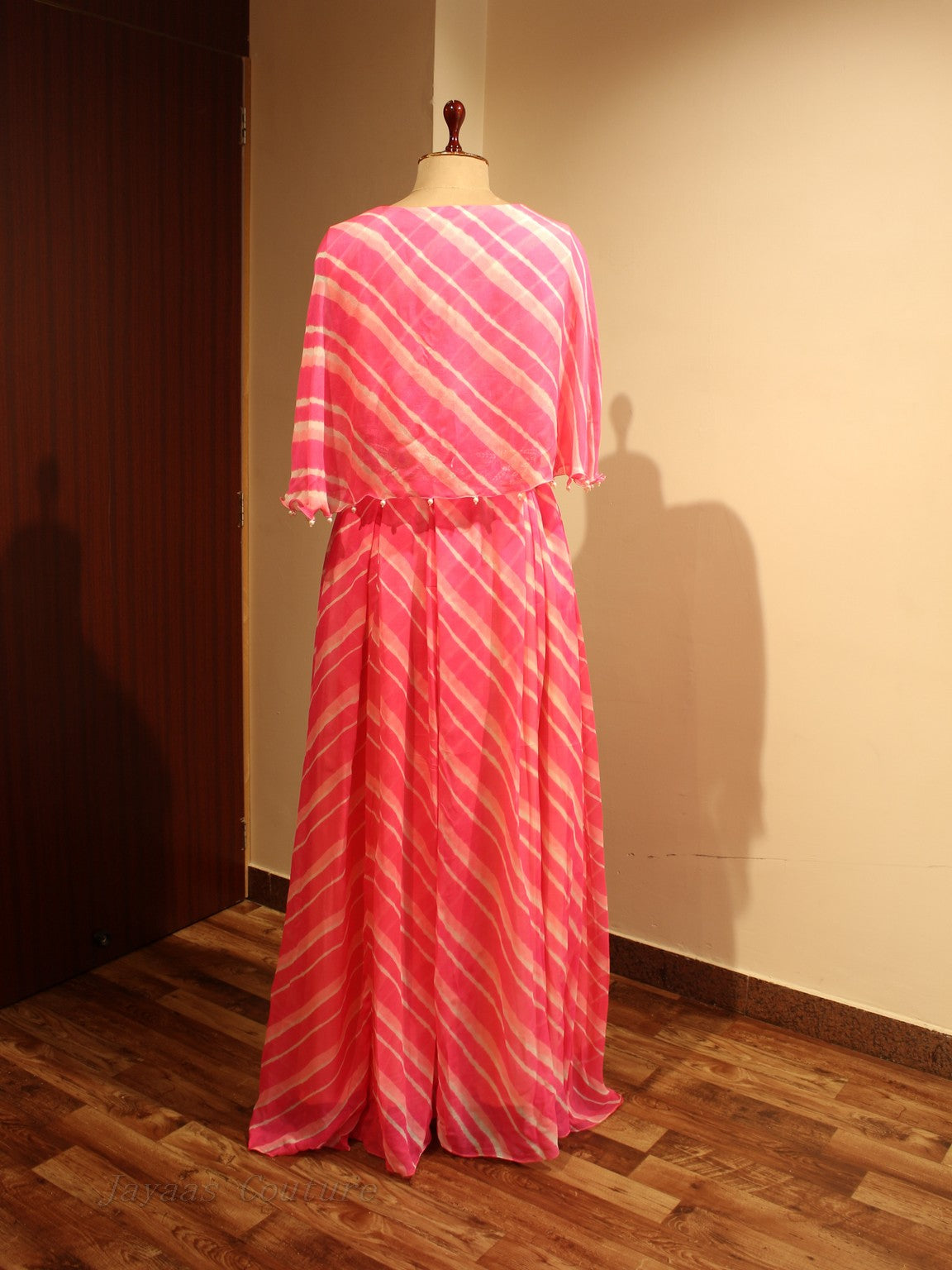 Pink shaded leheriya gown with belt