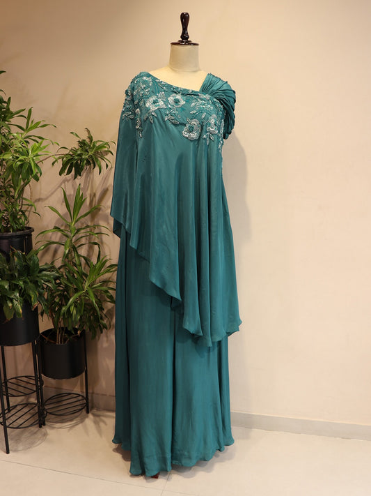 Turquoise blue cape top with plazo