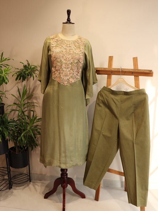 Olive green kaftan with plazo