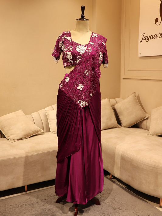 Wine embroidered drape saree
