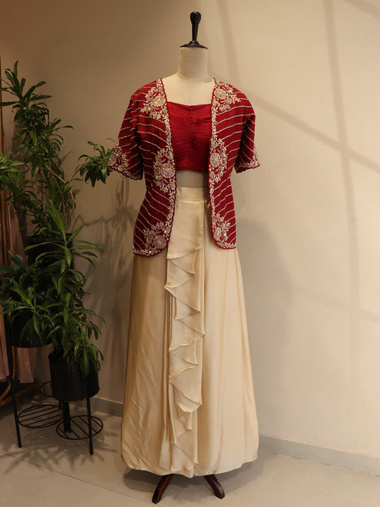 Wine shrug with crop top and drape skirt