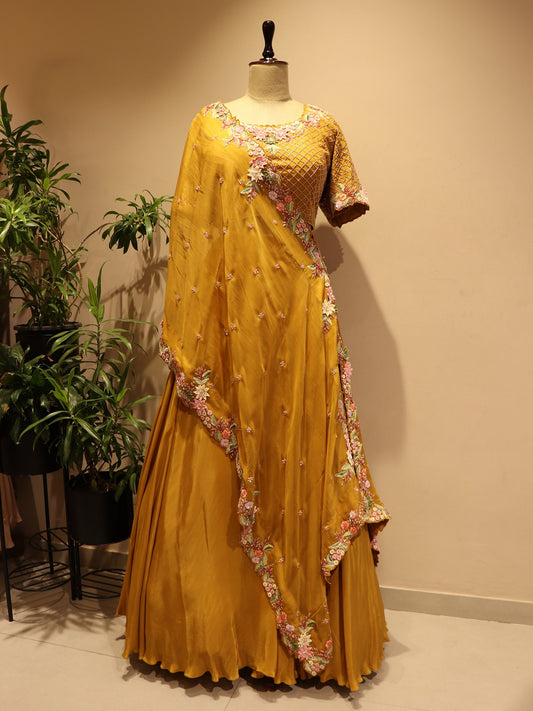 Mustard yellow embroidered lehenga set