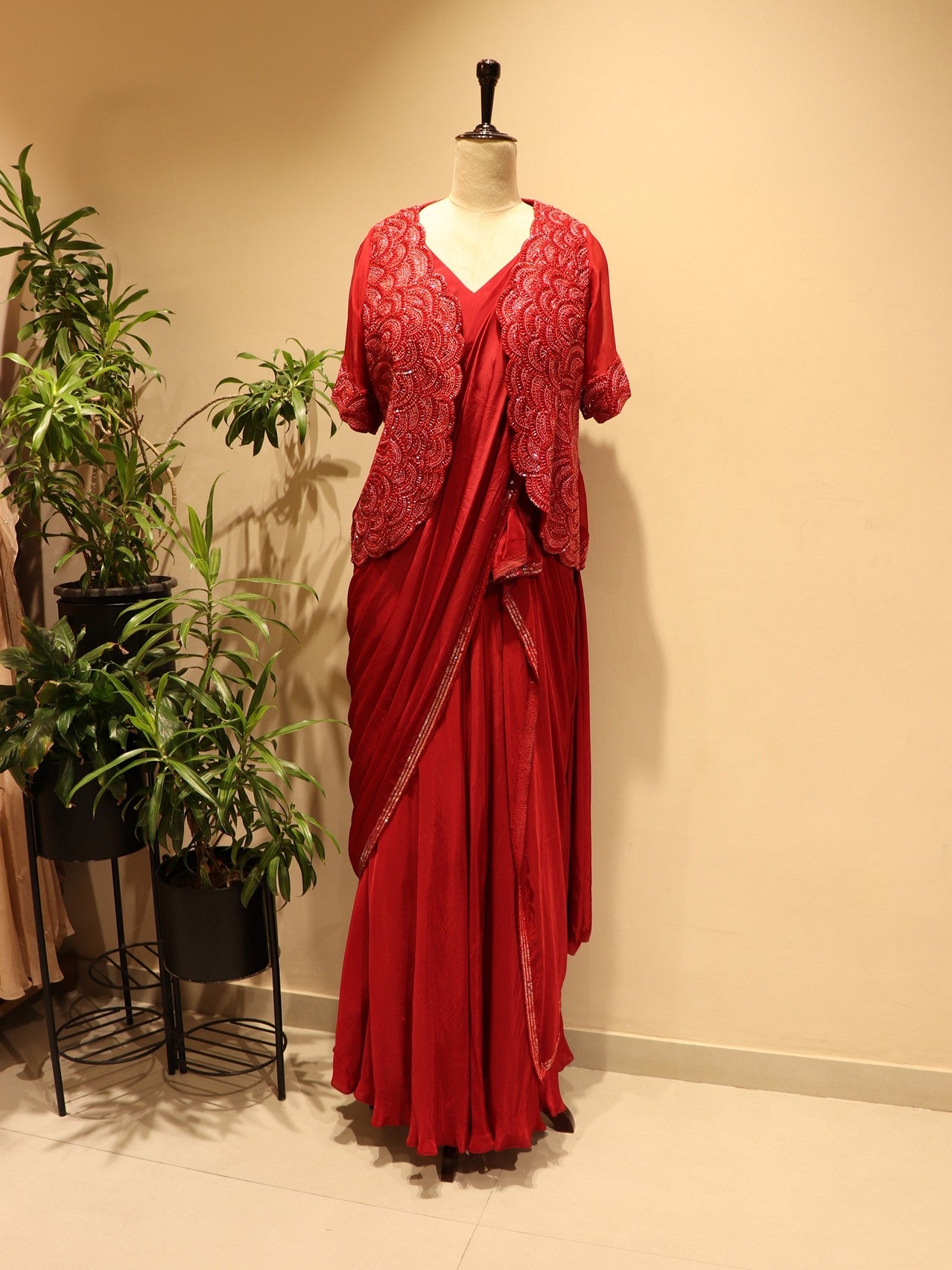 Hot red drape saree with shrug
