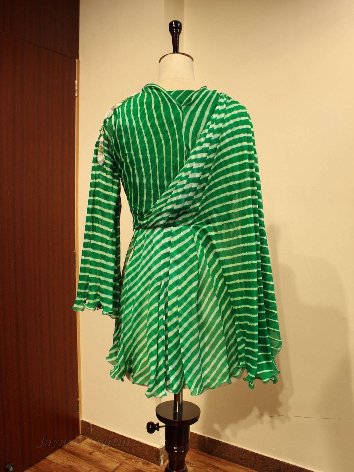 Green Leheriya drape top with flaired pants