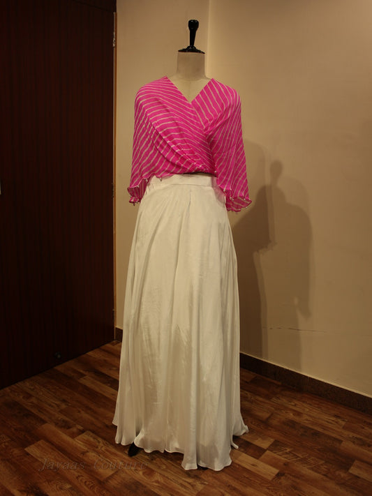 Pink mothada leheriya crop top with skirt