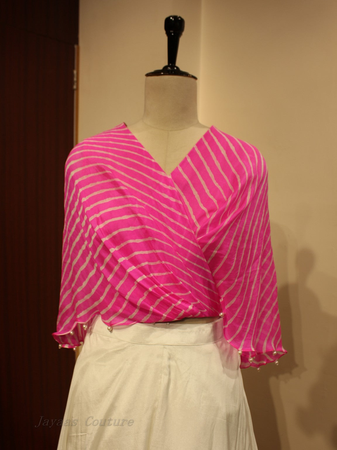 Pink mothada leheriya crop top with skirt