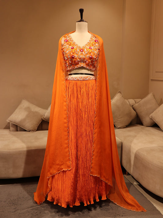Rust orange crop top crush skirt with cape