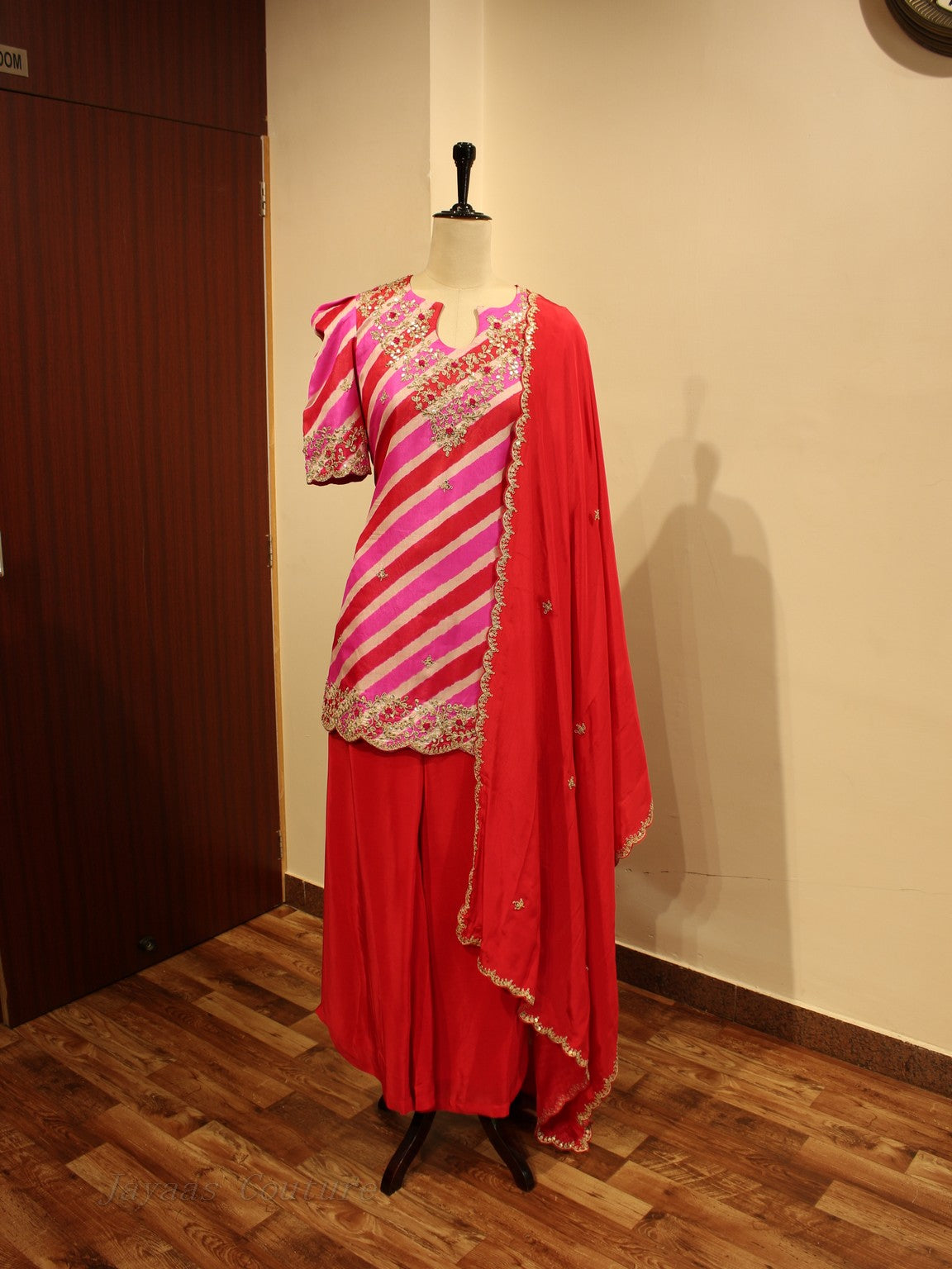 Rani pink leheriya kurta with plazo and dupatta