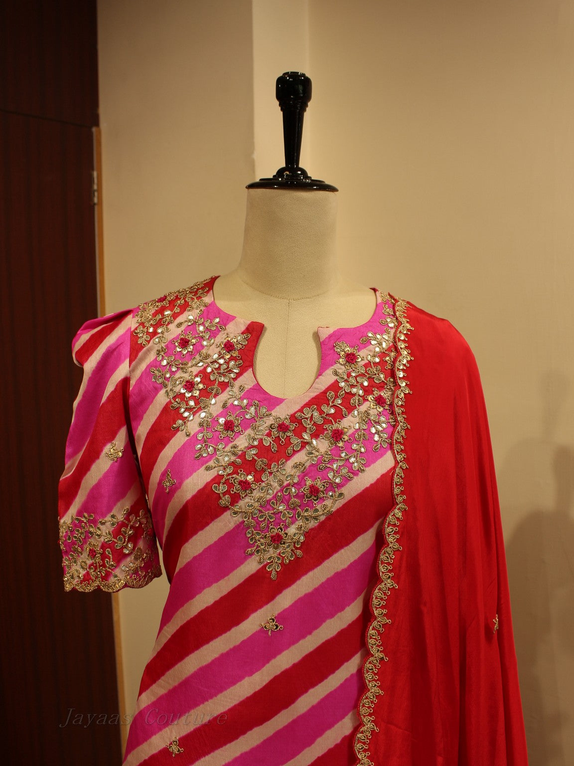 Rani pink leheriya kurta with plazo and dupatta