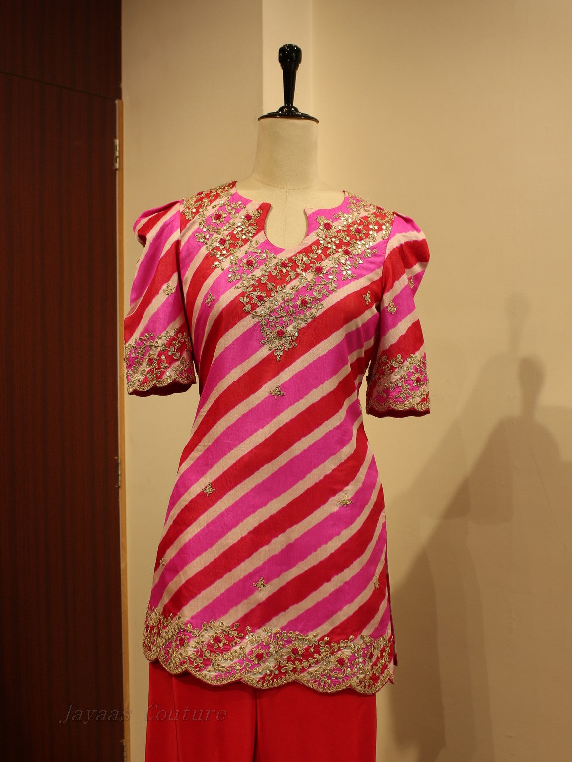 Rani pink leheriya kurta with plazo and dupatta