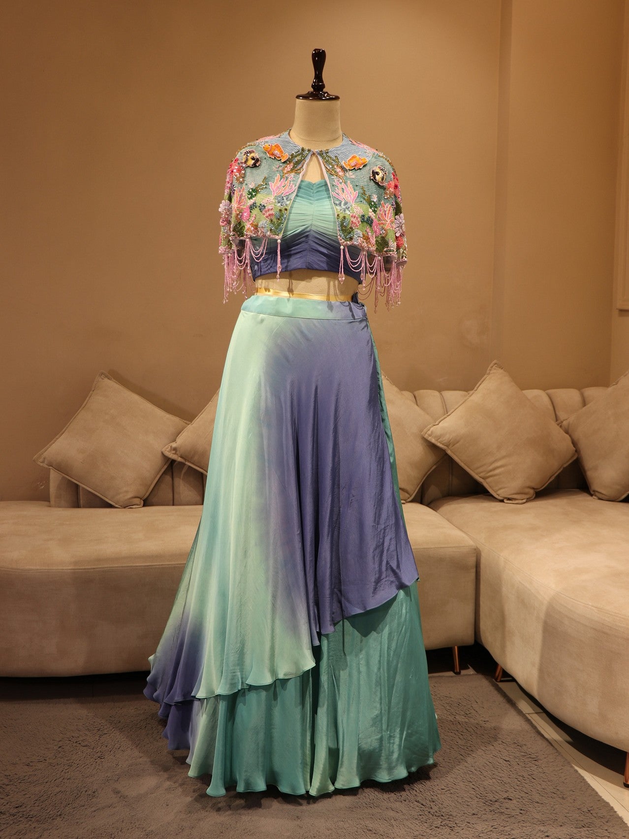 Sea blue shaded embroidered cape with skirt