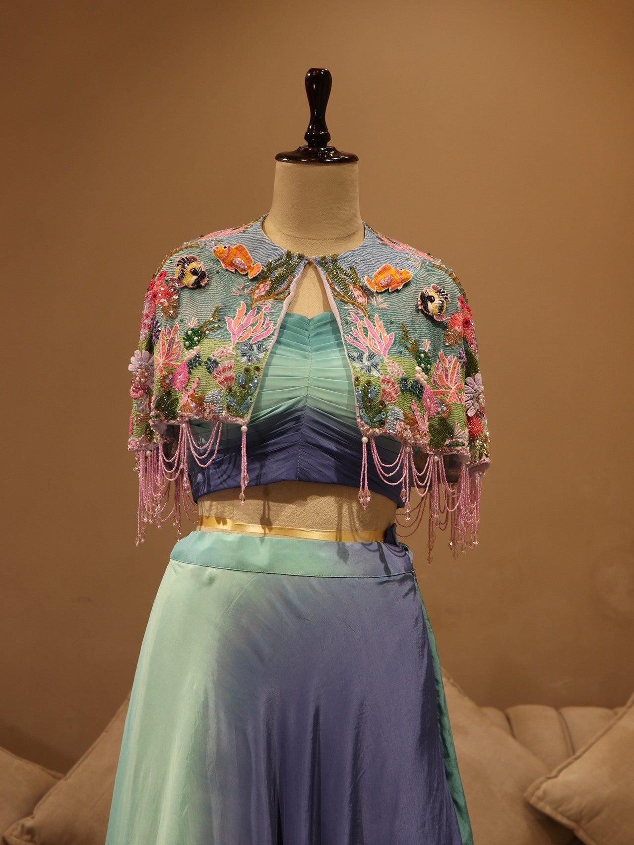 Sea blue shaded embroidered cape with skirt