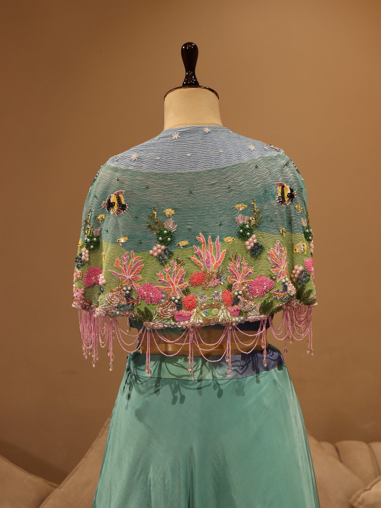 Sea blue shaded embroidered cape with skirt