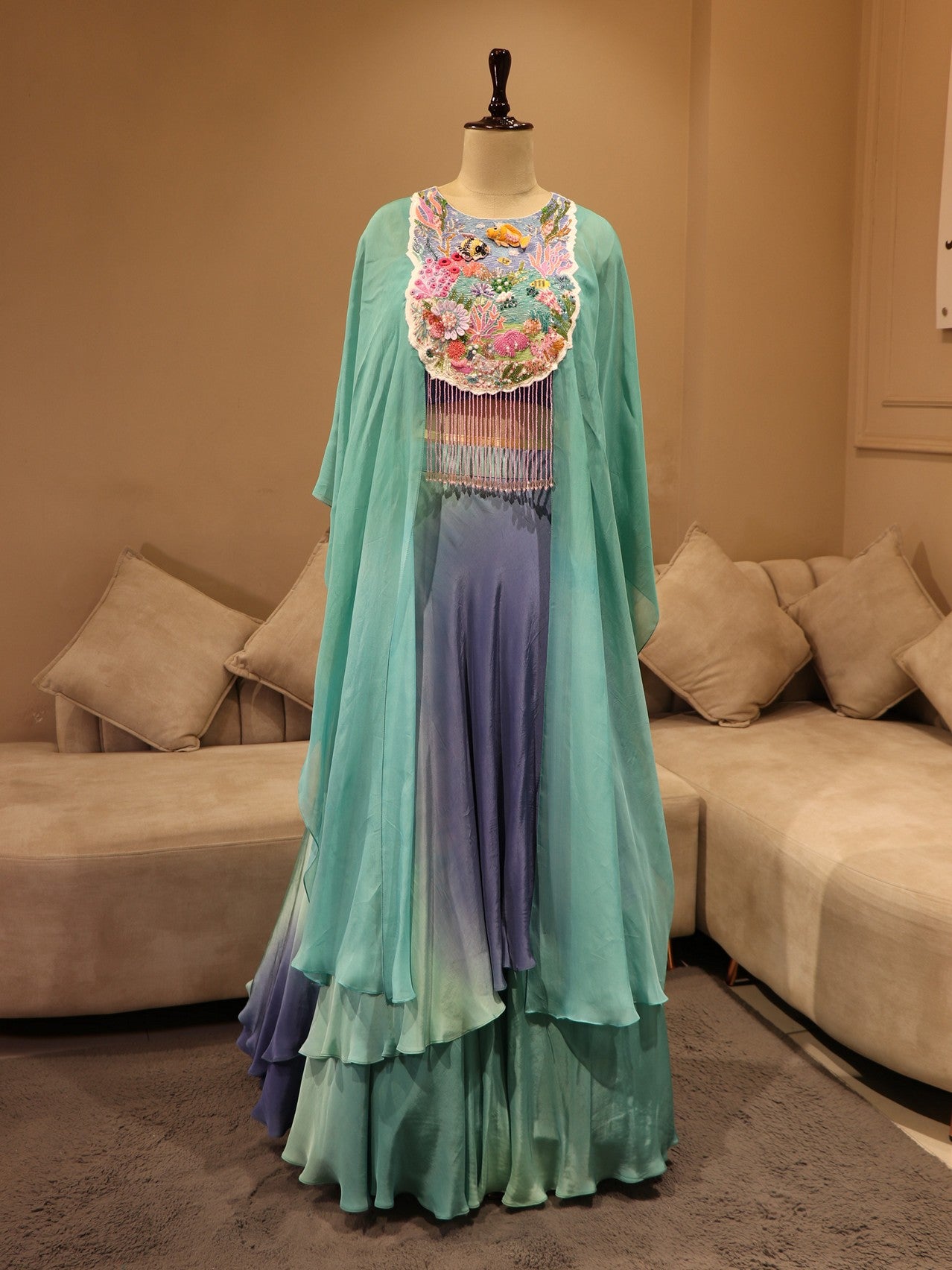 Sea blue shaded embroidered cape with skirt