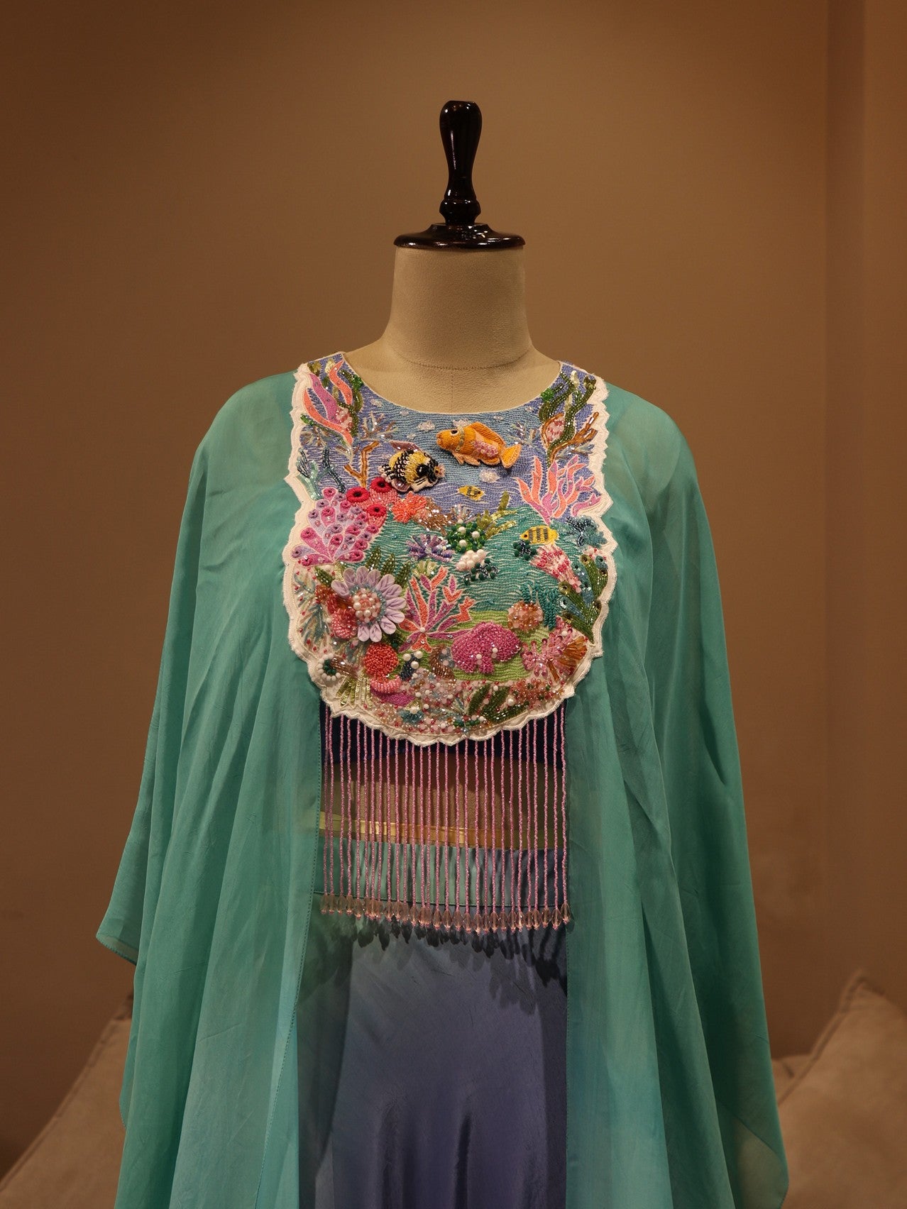 Sea blue shaded embroidered cape with skirt