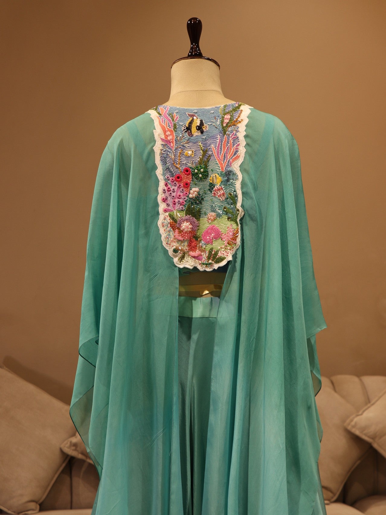 Sea blue shaded embroidered cape with skirt