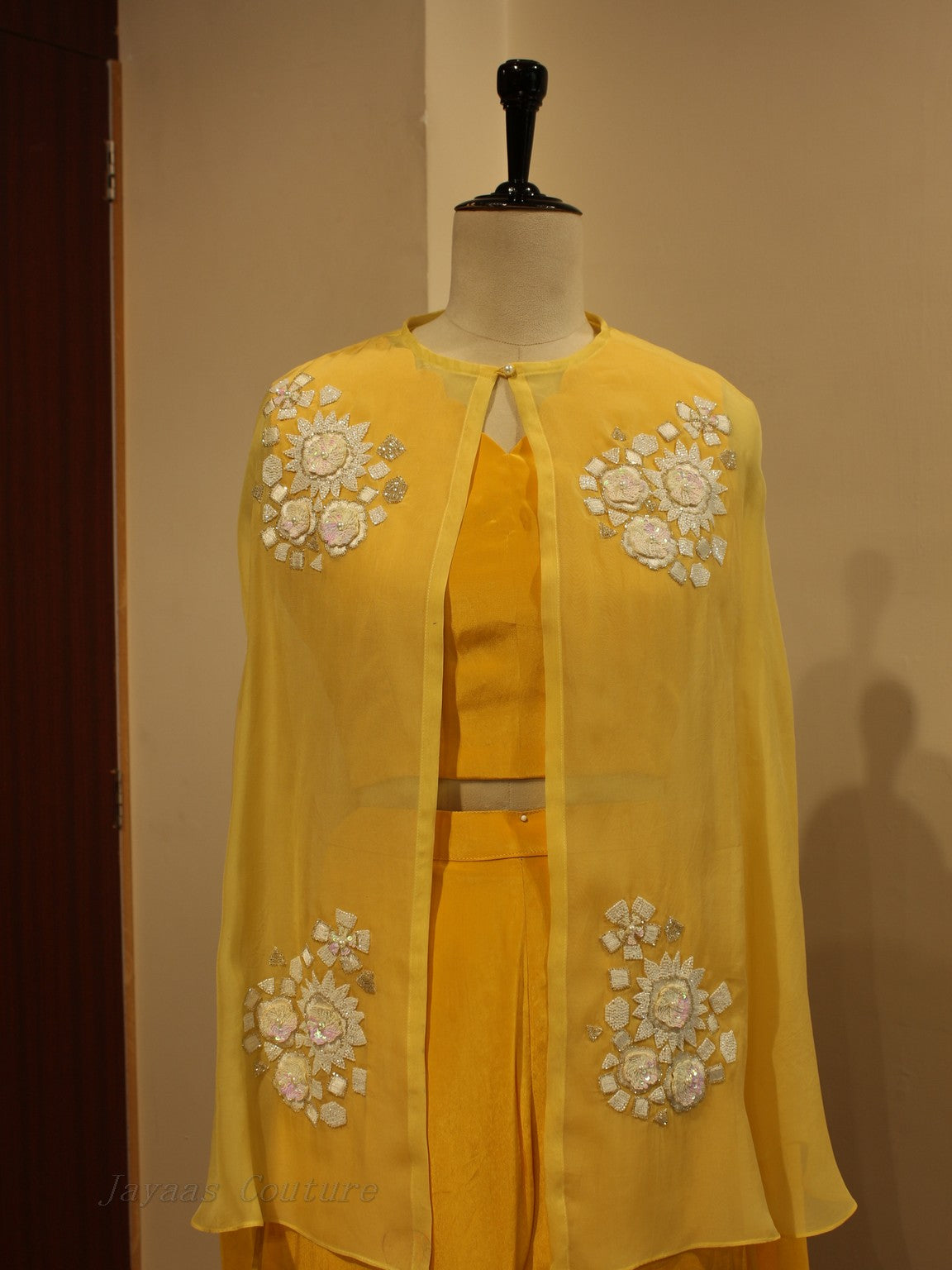 Yellow cape with crop top and palazo
