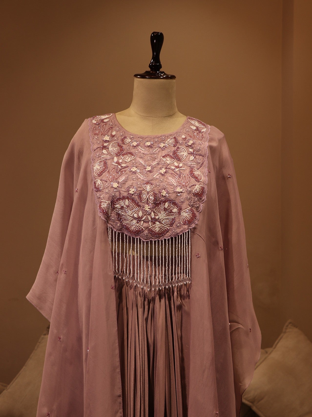 Mauve cape top with drape skirt