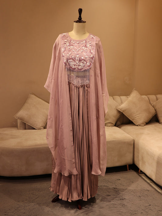 Mauve cape top with drape skirt