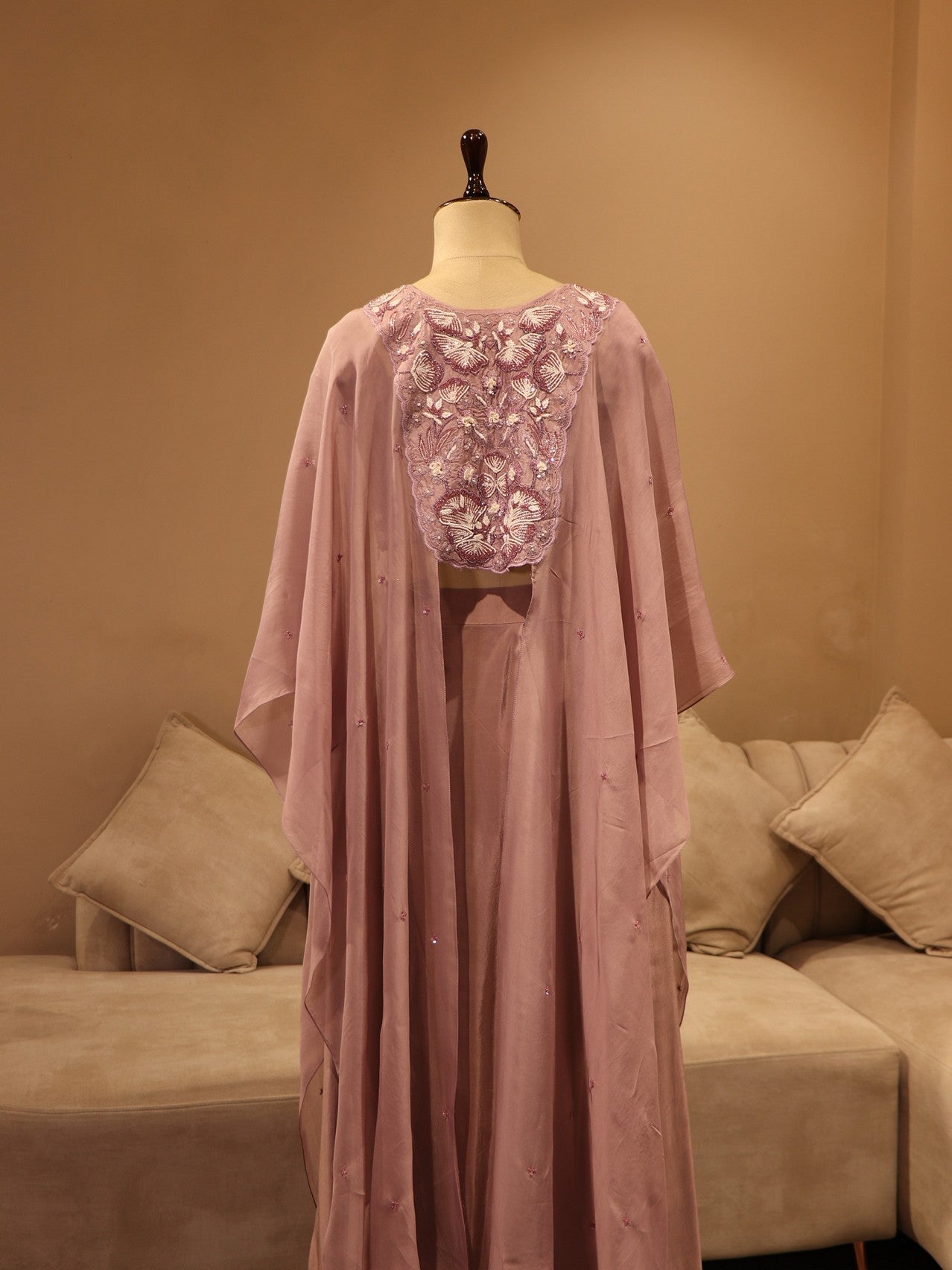 Mauve cape top with drape skirt