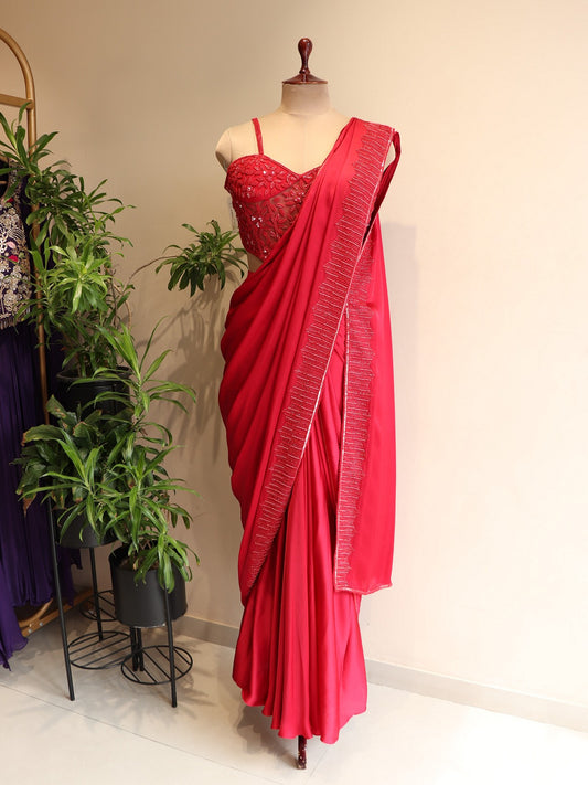 Hot red Corset blouse with drape saree