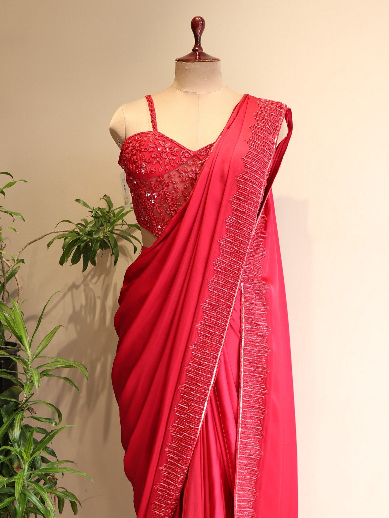 Hot red Corset blouse with drape saree