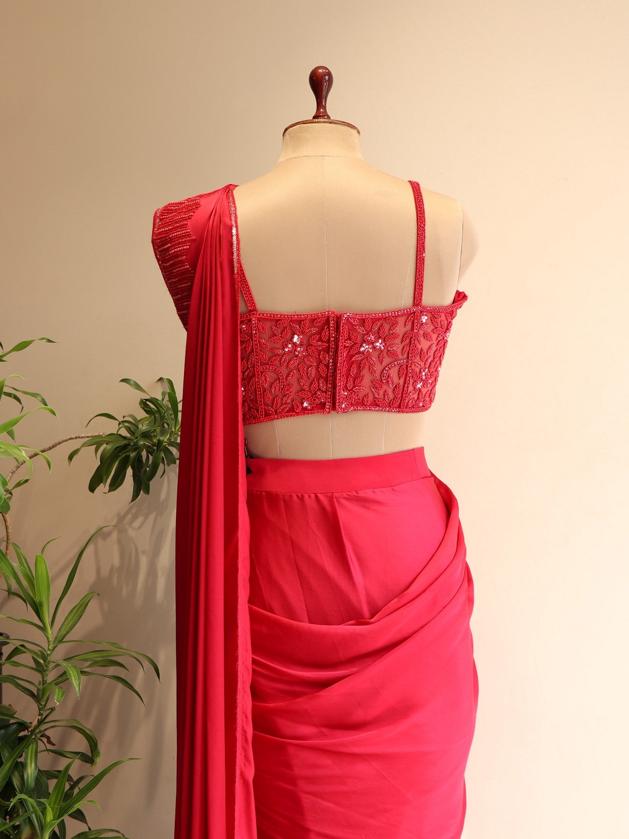 Hot red Corset blouse with drape saree
