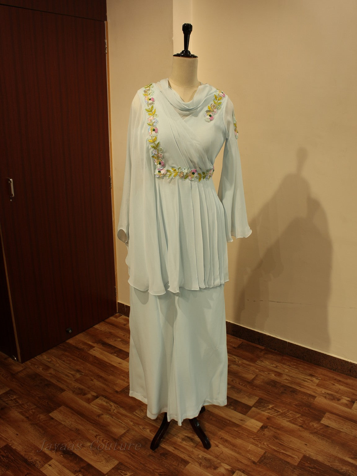 Powder blue Drape top with flaired pants