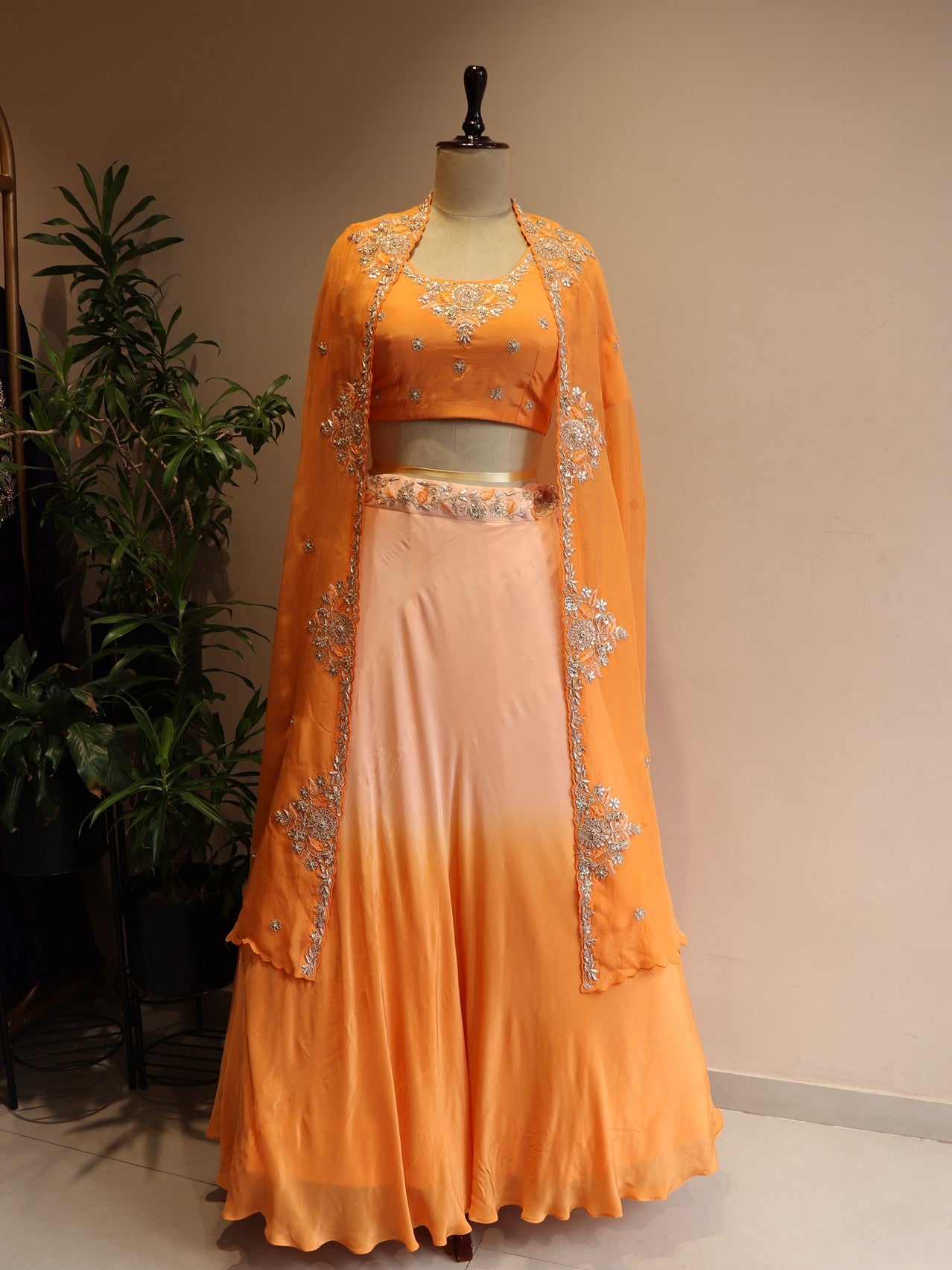 Rust orange shaded crop top skirt cape