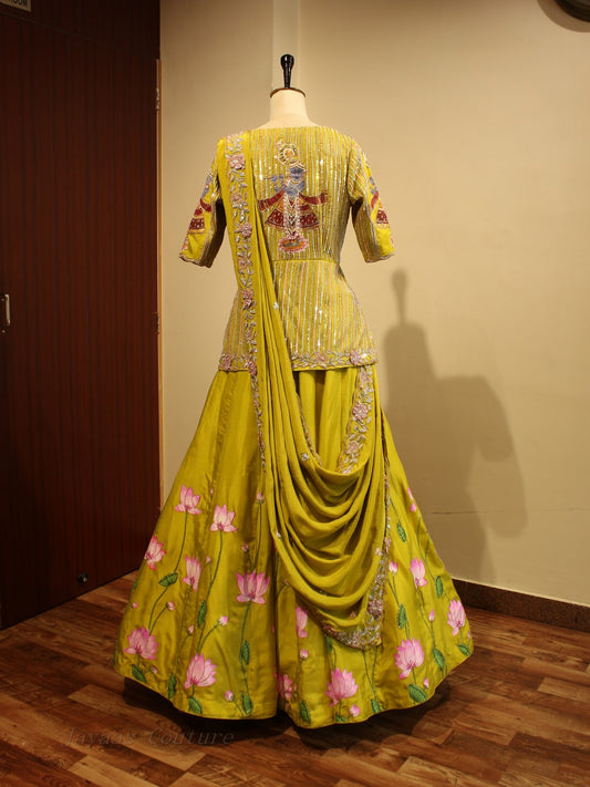 Green hand painted shreenath ji lehenga  set