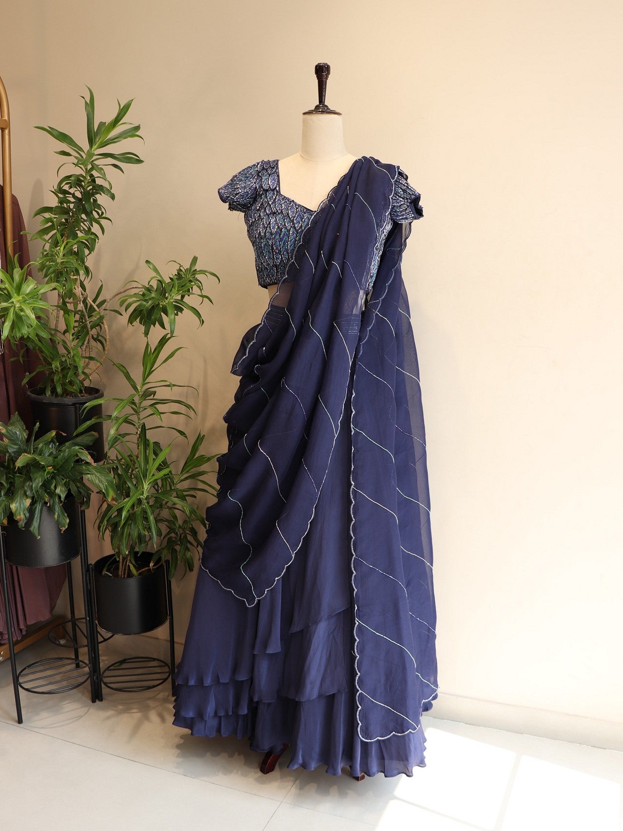 Navy blue 3d leafs lehenga set