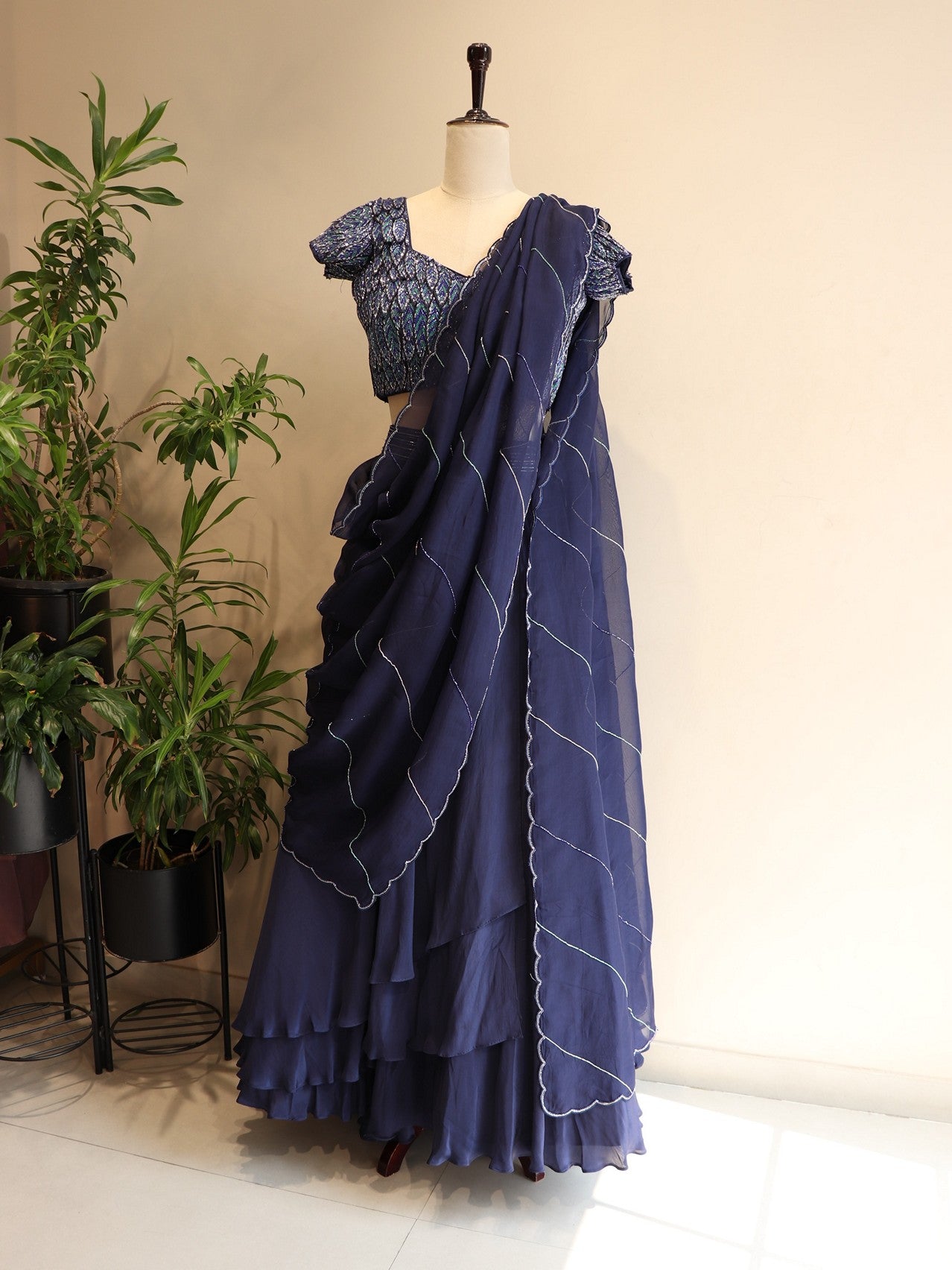 Navy blue 3d leafs lehenga set