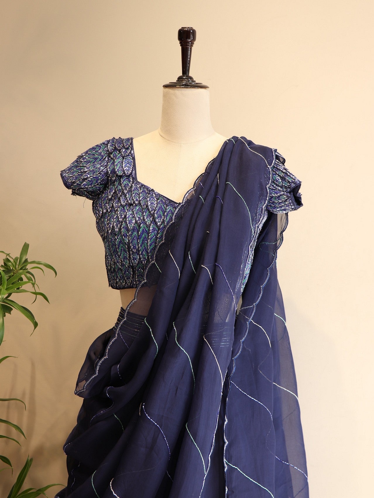 Navy blue 3d leafs lehenga set