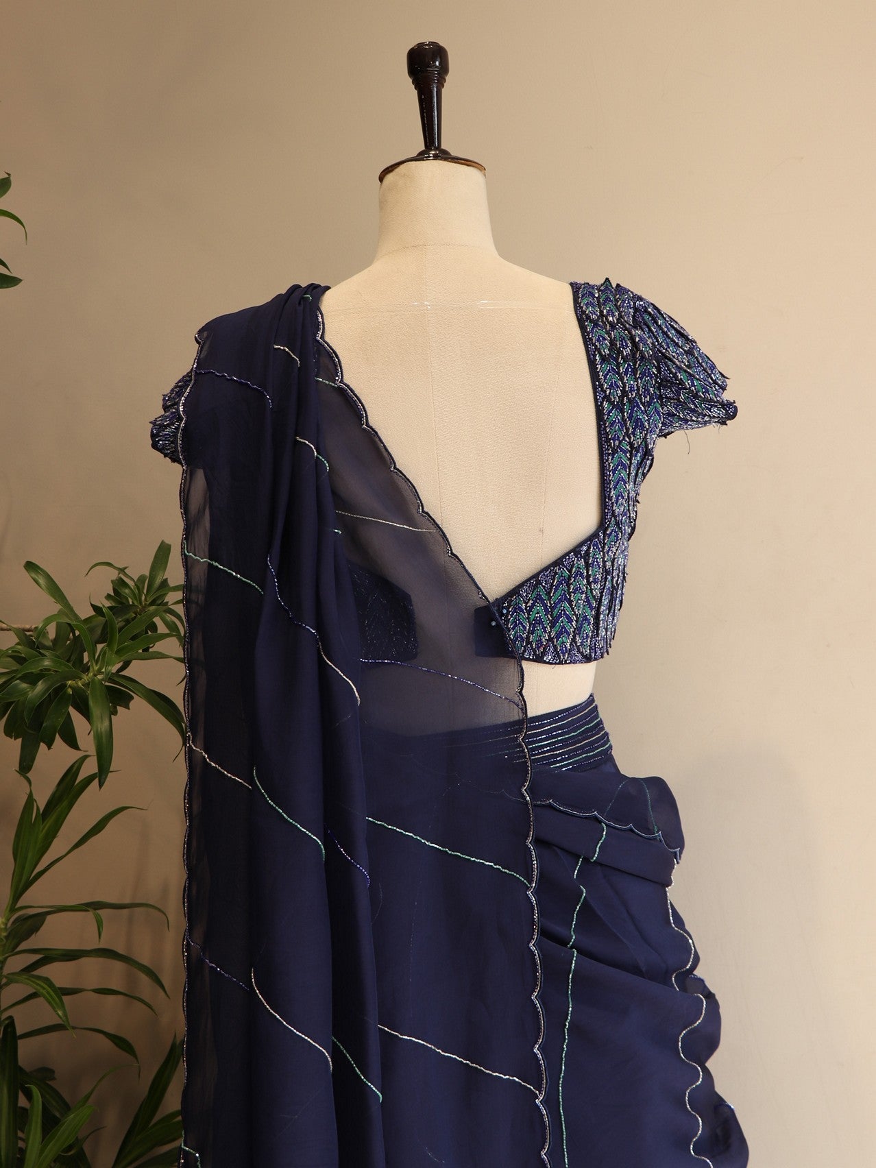 Navy blue 3d leafs lehenga set