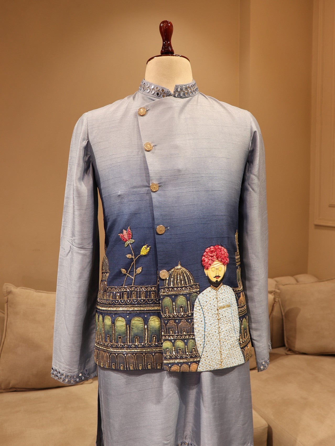 Powder blue shaded hand painted jacket kurta pants set