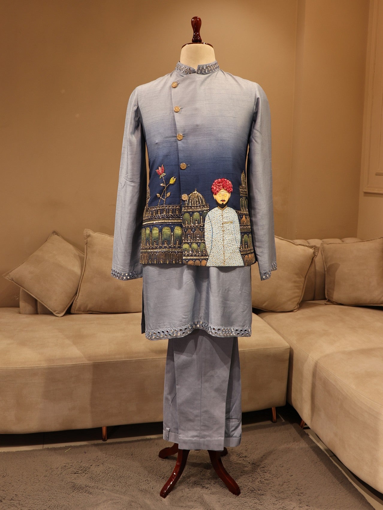 Powder blue shaded hand painted jacket kurta pants set