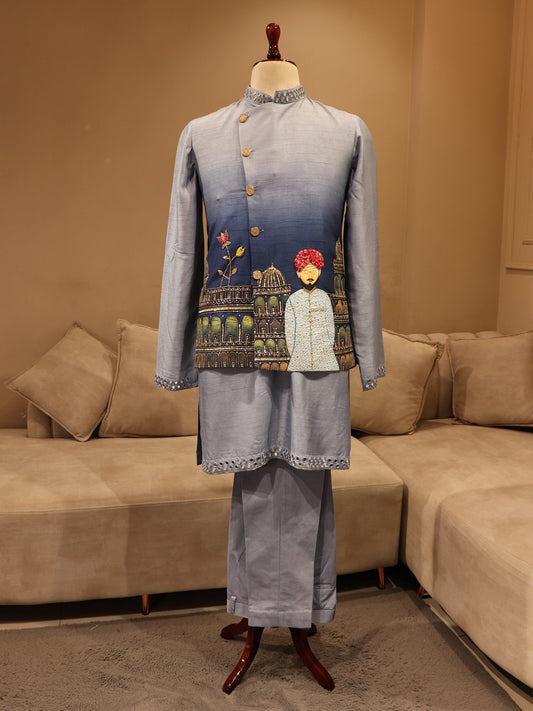 Powder blue shaded hand painted jacket kurta pants set