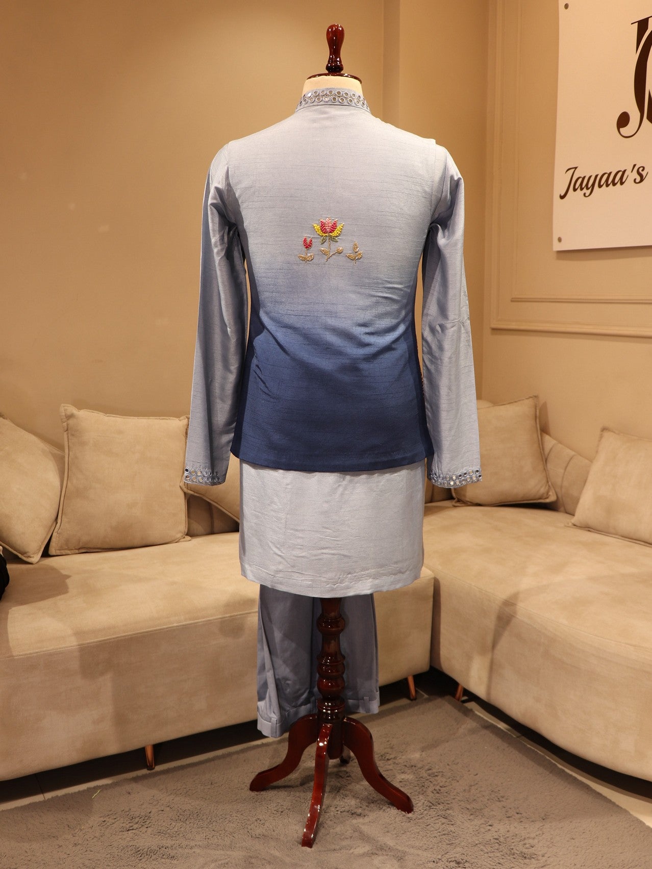 Powder blue shaded hand painted jacket kurta pants set