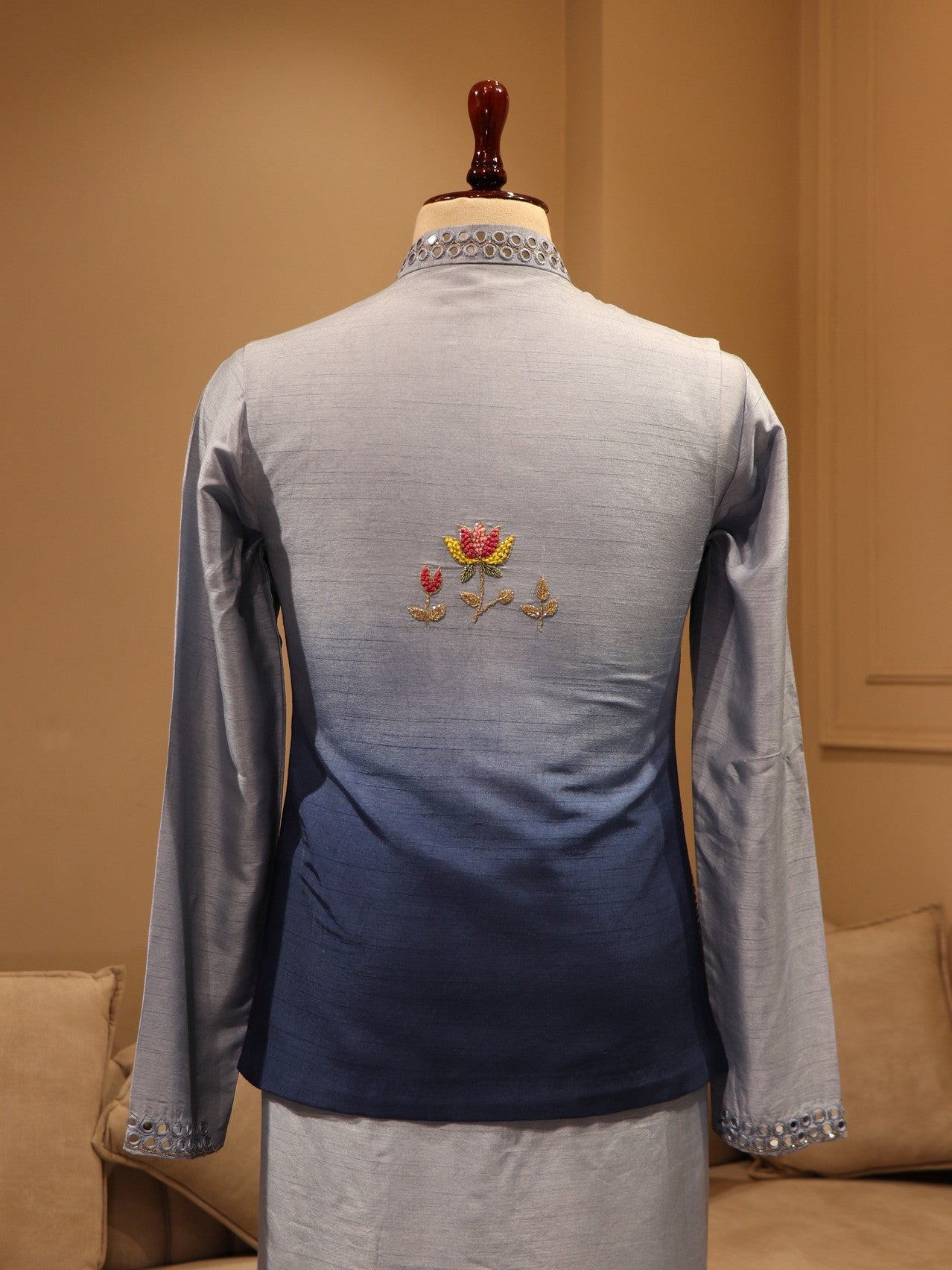 Powder blue shaded hand painted jacket kurta pants set