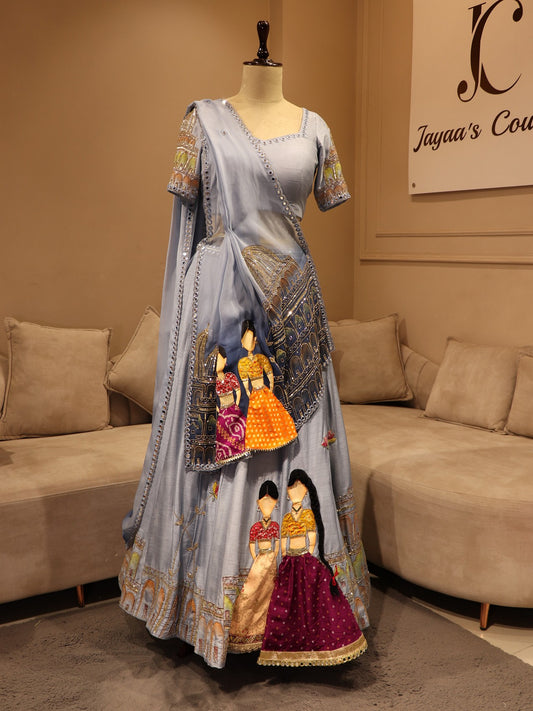 Powder blue hand painted lehenga set