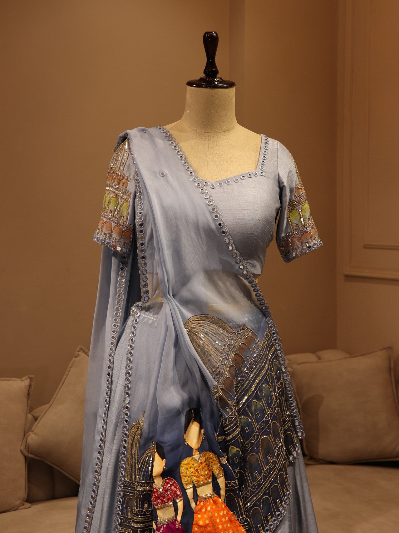 Powder blue hand painted lehenga set