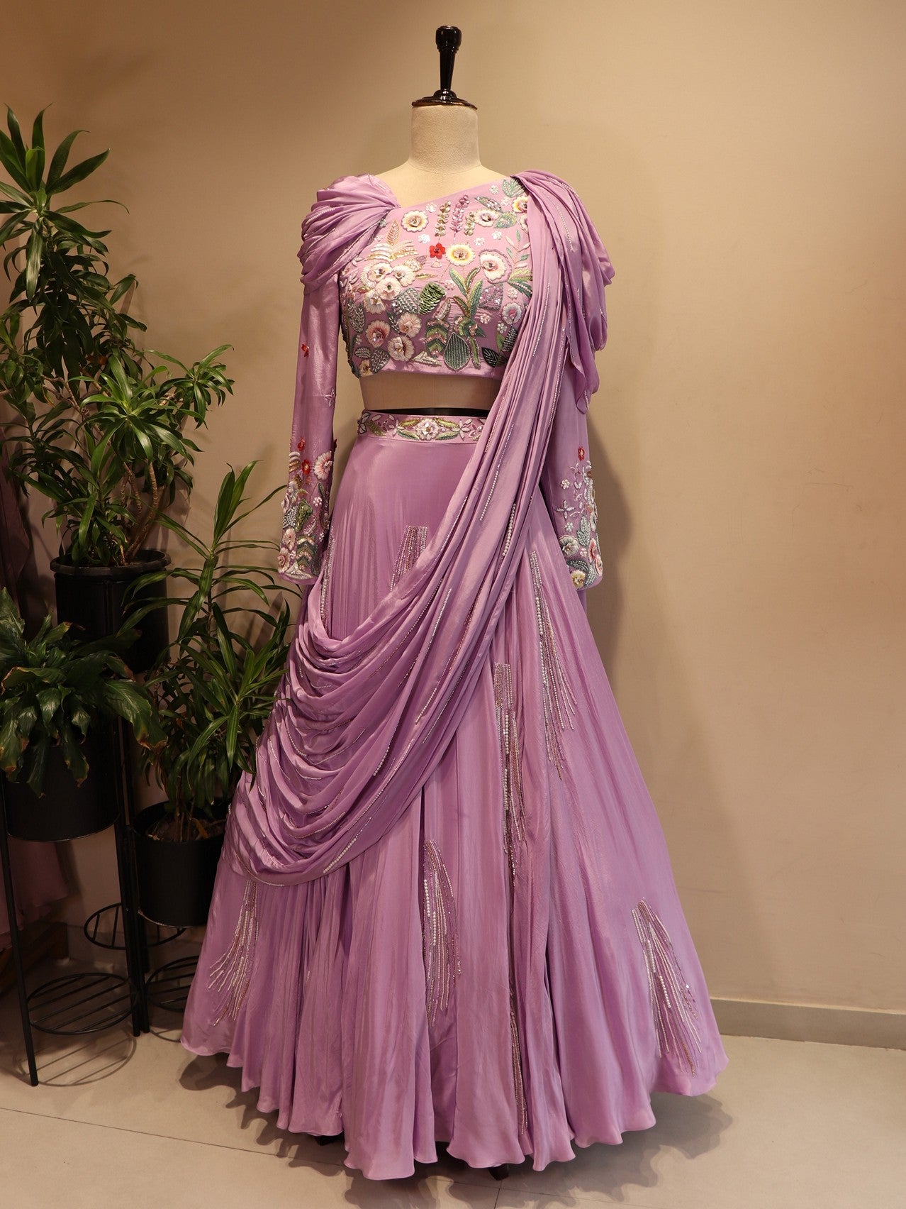 Lavander embroidered drape lehenga set