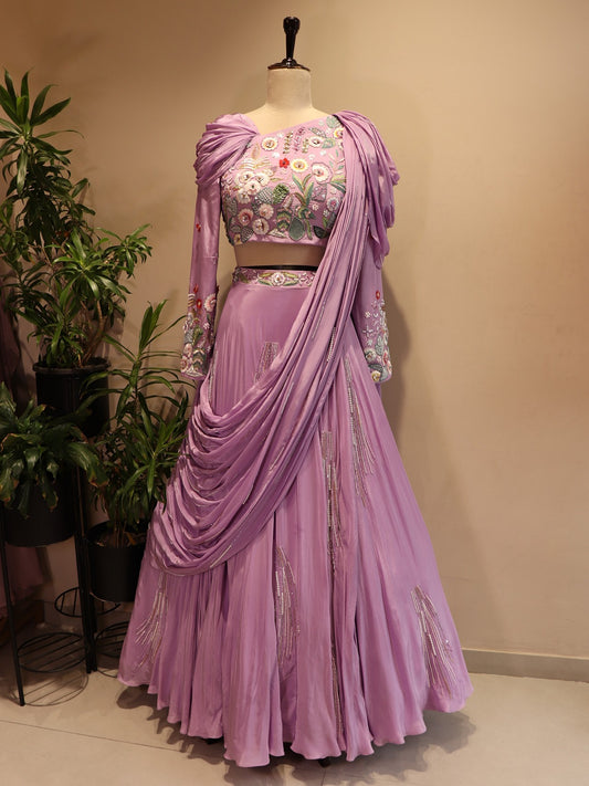 Lavander embroidered drape lehenga set