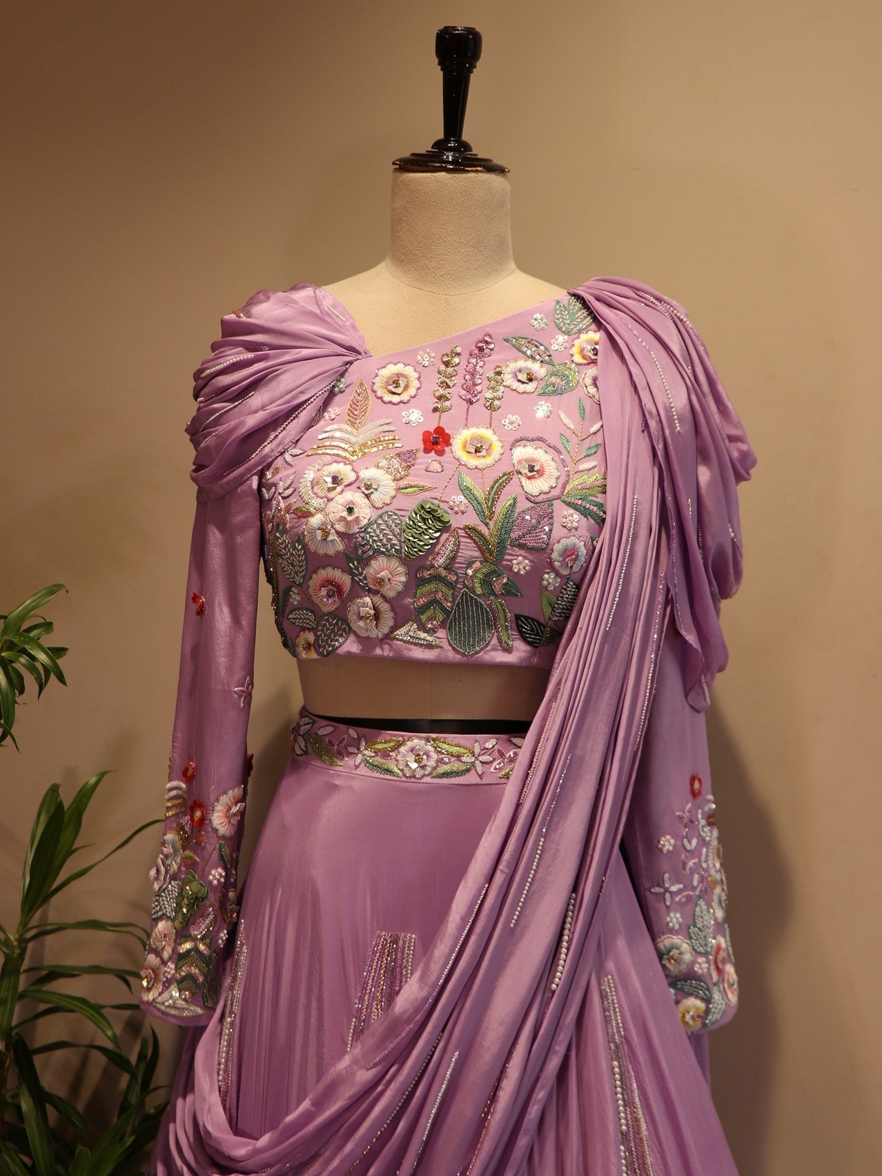 Lavander embroidered drape lehenga set