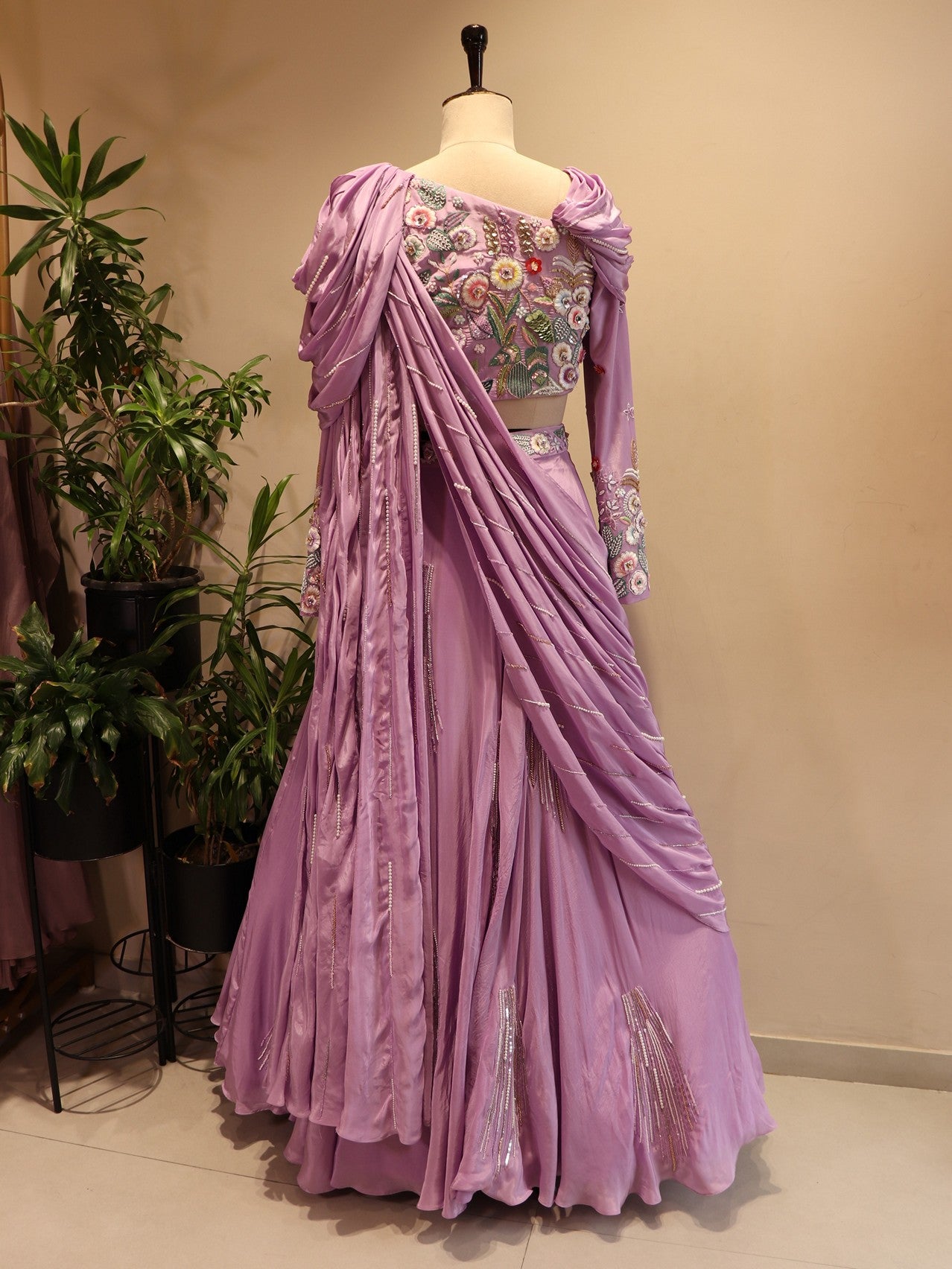 Lavander embroidered drape lehenga set
