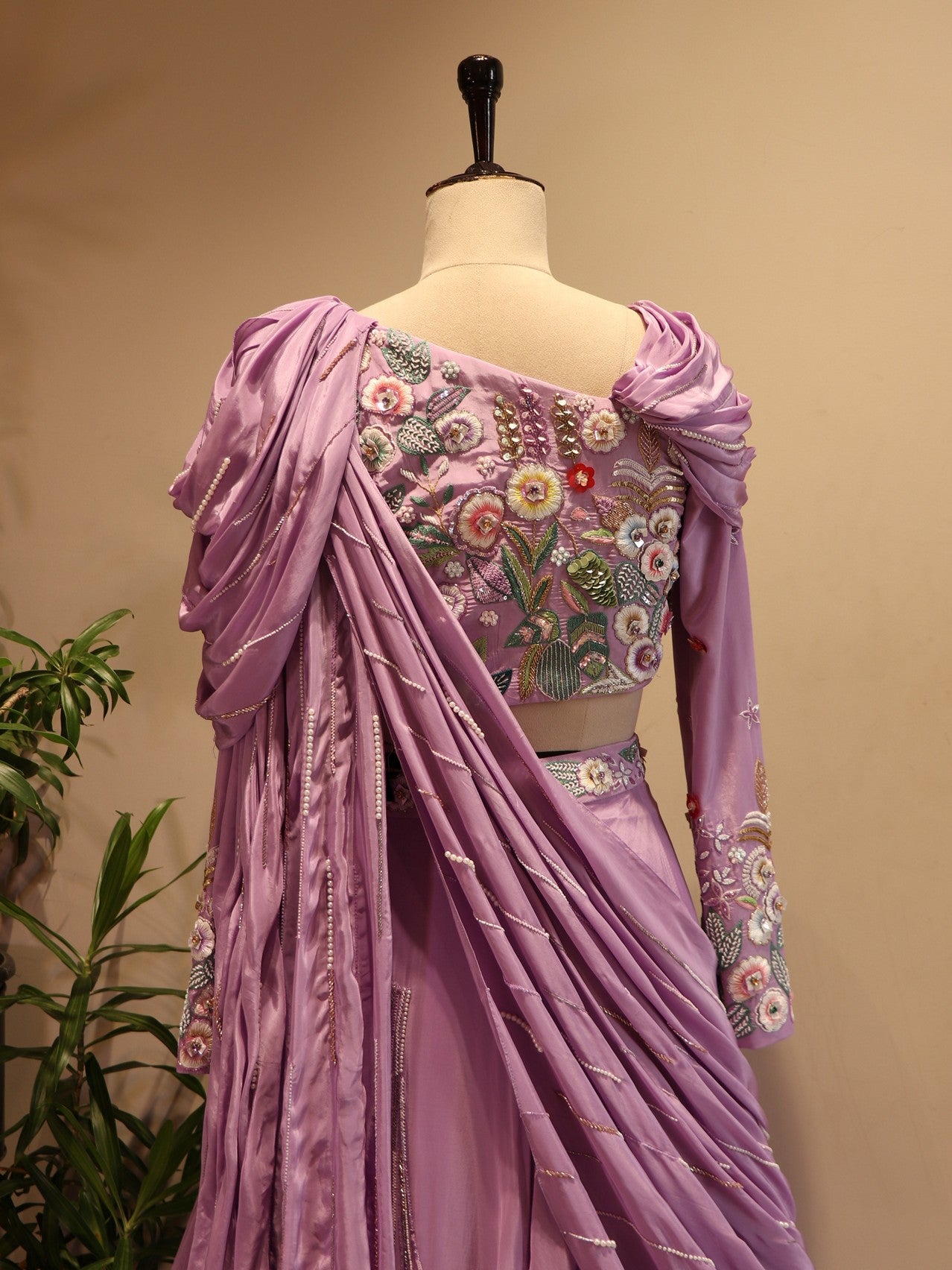 Lavander embroidered drape lehenga set