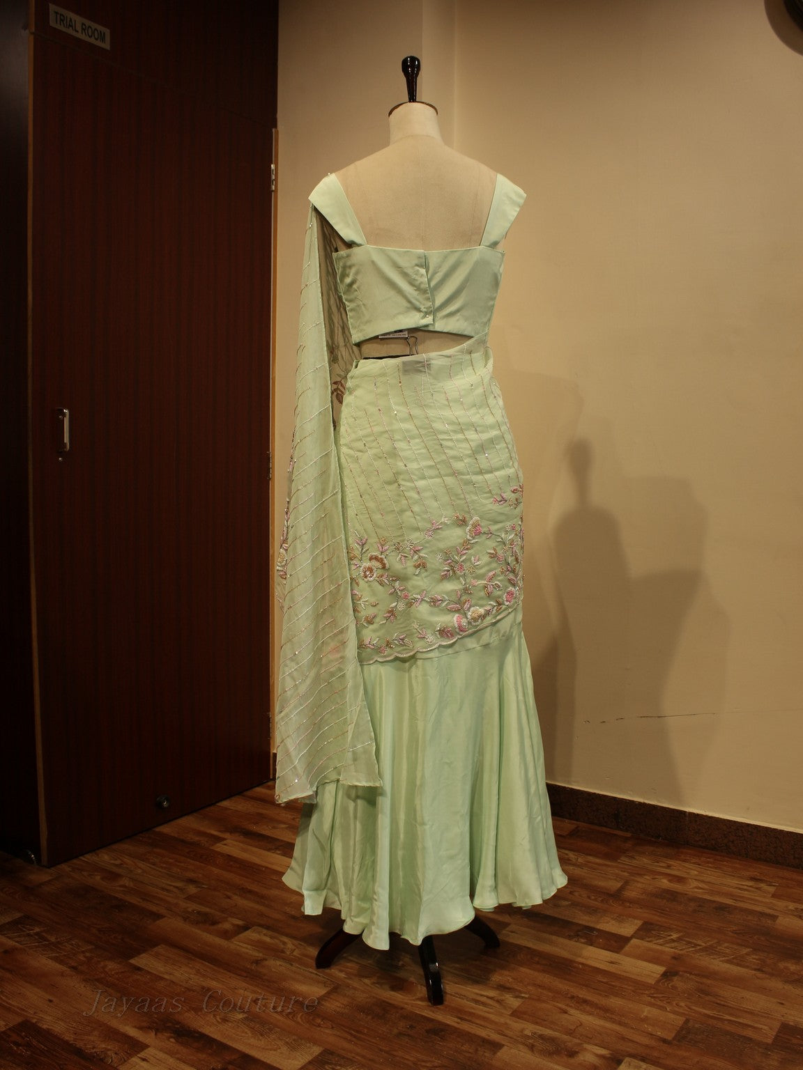 Pastel green drape saree