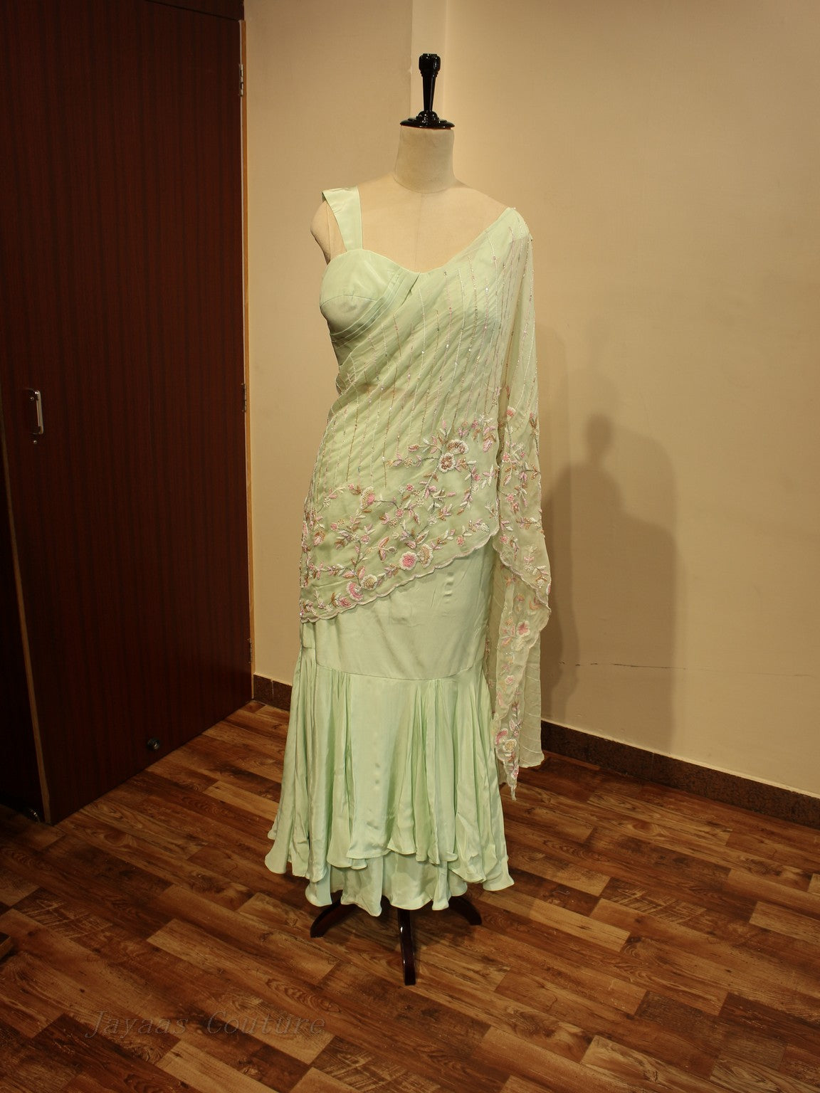 Pastel green drape saree