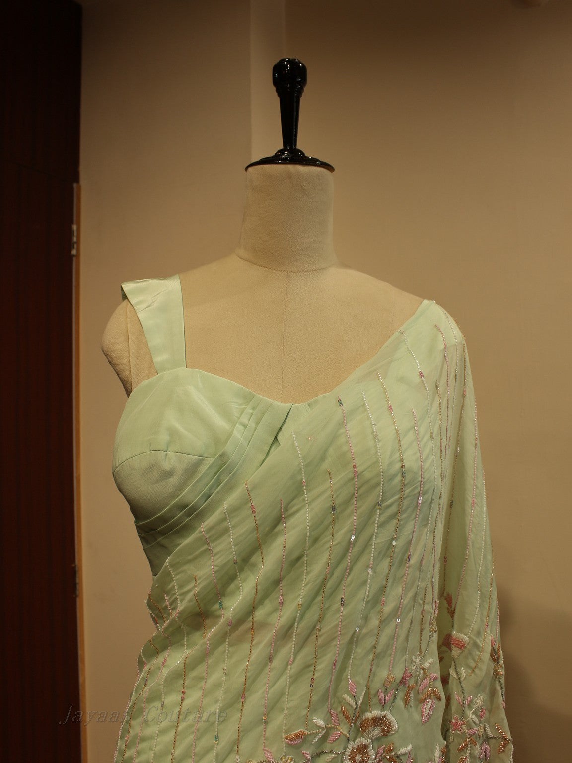 Pastel green drape saree