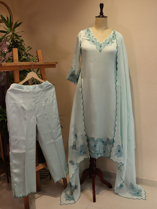 Sea green applique kurta pants dupatta